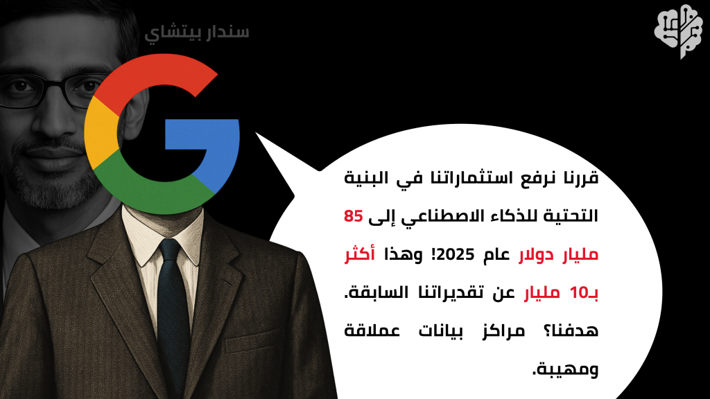 رجل يمثل Google يتحدث داخل فقاعة حوار عن رفع استثمارات الشركة إلى 85 مليار دولار في عام 2025 لتوسيع البنية التحتية للذكاء الاصطناعي، مع ذكر أن الرقم يفوق التوقعات السابقة بعشرة مليارات دولار.