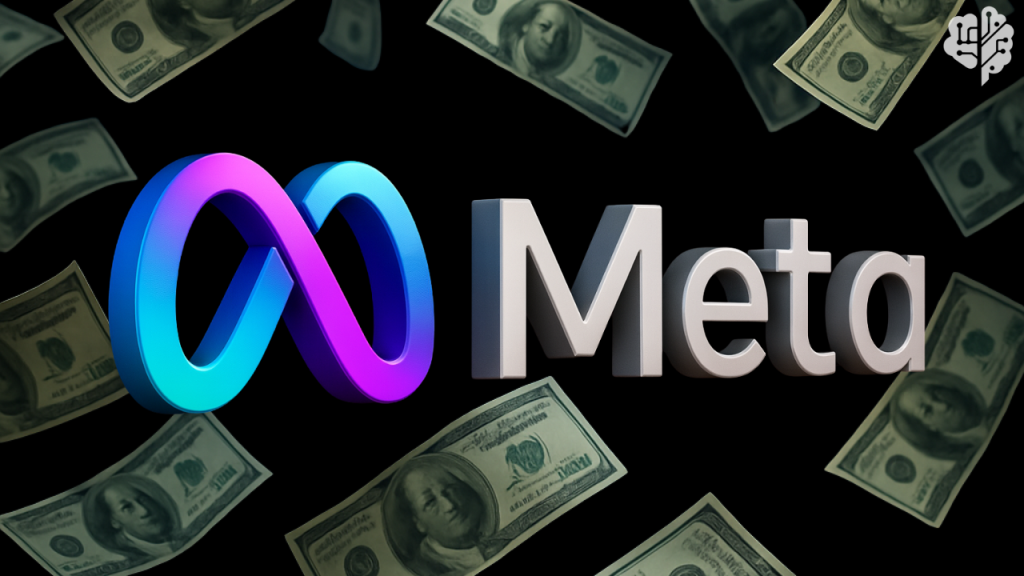 Meta logo with floating US dollars symbolizing $2B asset sale to reduce AI infrastructure costs شعار شركة Meta مع خلفية من الدولارات يعبر عن بيع أصول بملياري دولار لتقليل تكلفة الذكاء الاصطناعي
