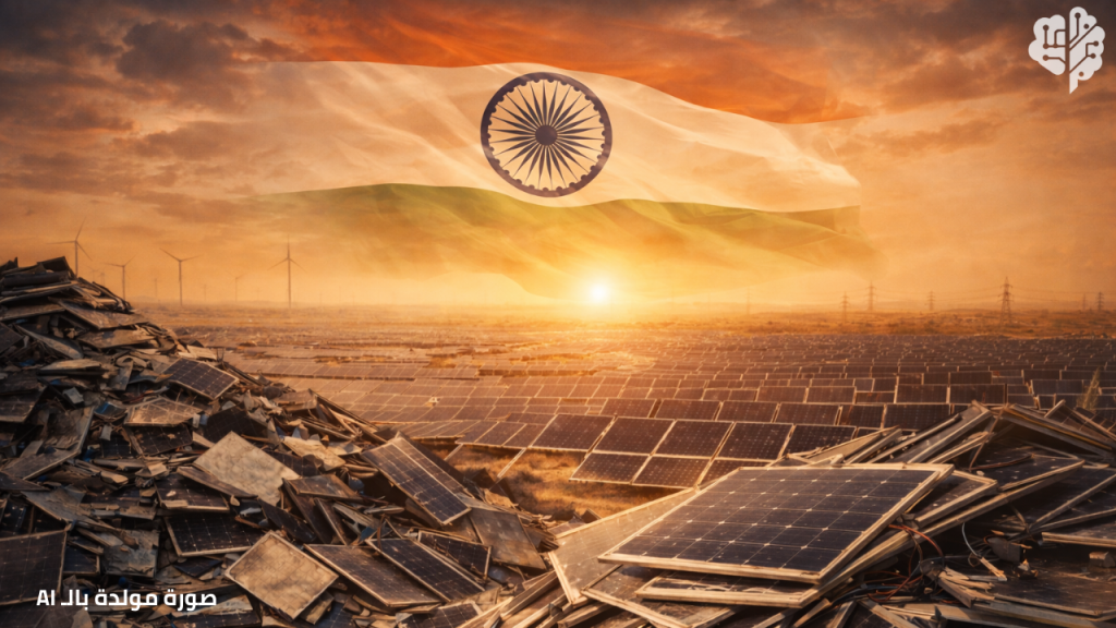 Aerial view of India’s Bhadla solar park in Rajasthan with long rows of blue solar panels across desert land under hazy sky, highlighting India solar energy boom and the looming solar panel waste and recycling crisis.