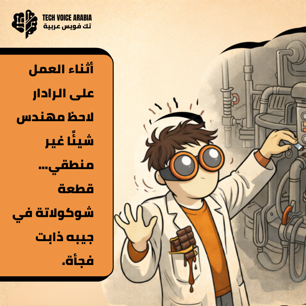 رسم لعالم كرتوني يقف أمام جهاز يشبه معدات مختبر أو رادار، وهو يحمل قطعة شوكولاتة ذائبة في جيبه، مع نص عربي يذكر أنه أثناء العمل على الرادار لاحظ مهندس أن قطعة شوكولاتة في جيبه ذابت فجأة.