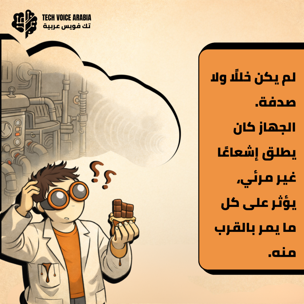 لوحة إنفوجرافيك تظهر العالم الكرتوني يحمل قطعة شوكولاتة وينظر بتعجب، وخلفه موجات غير مرئية مرسومة كدوائر طاقة، مع نص عربي يوضح أن الجهاز كان يطلق إشعاعًا غير مرئي يؤثر على الأشياء القريبة.