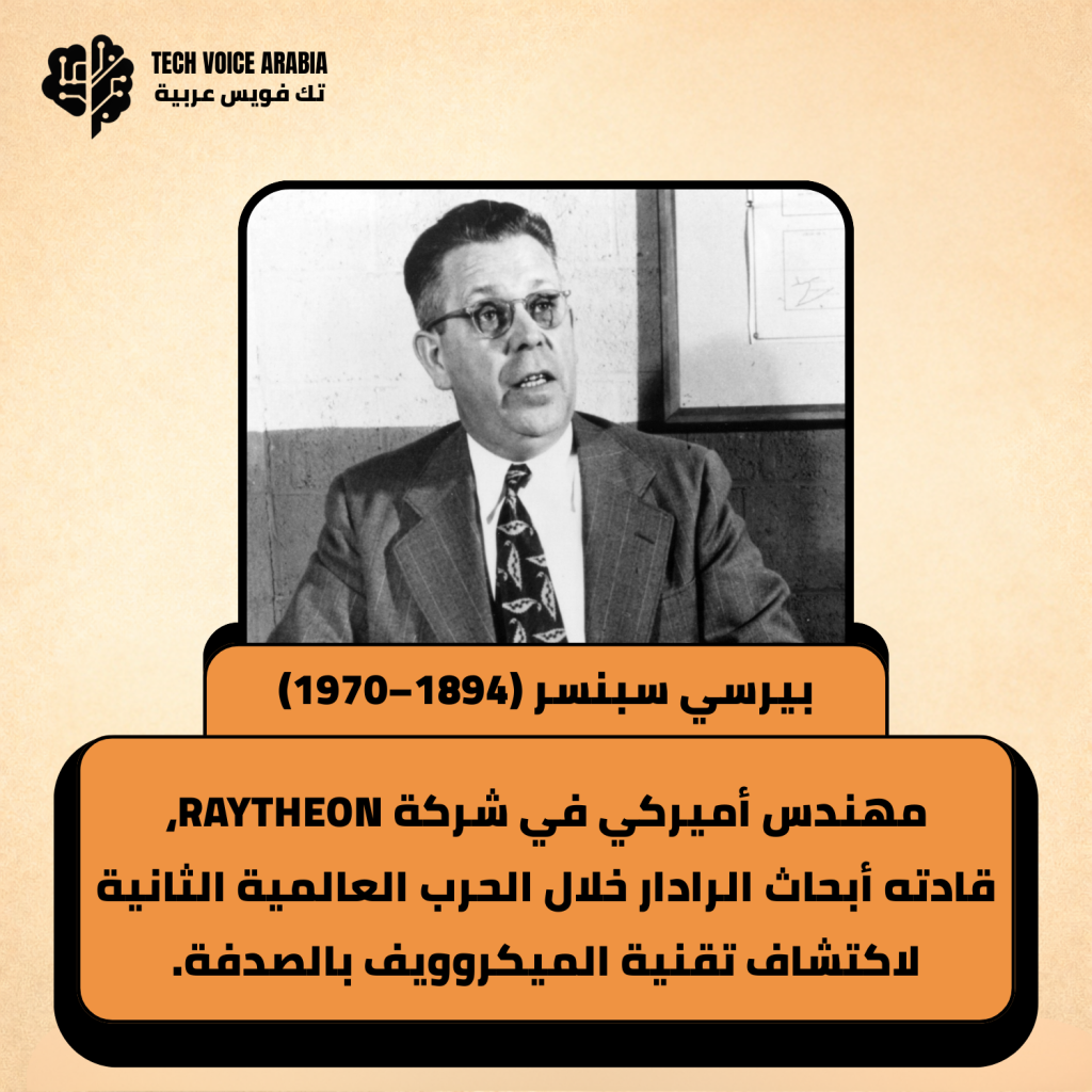 لوحة تحتوي على صورة بالأبيض والأسود لبيرسي سبنسر داخل إطار، وتحتها نص عربي يعرّفه كمهندس أميركي في شركة Raytheon قادته أبحاث الرادار خلال الحرب العالمية الثانية لاكتشاف تقنية الميكروويف بالصدفة.