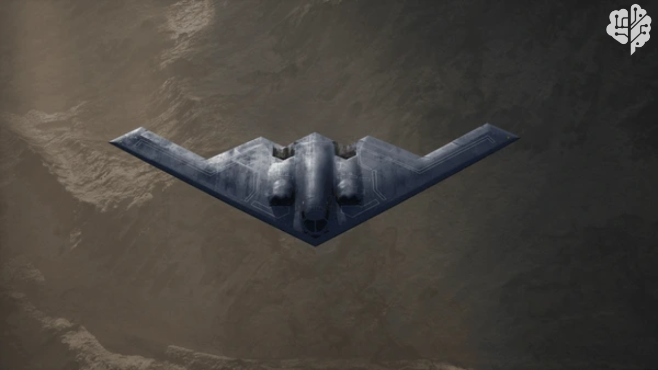 قاذفة B-21 Raider أثناء اختبار طيران مع تمثيل رسومي لمحاكاة ديناميكا هوائية متقدمة تشير إلى تحليل تصميمها.