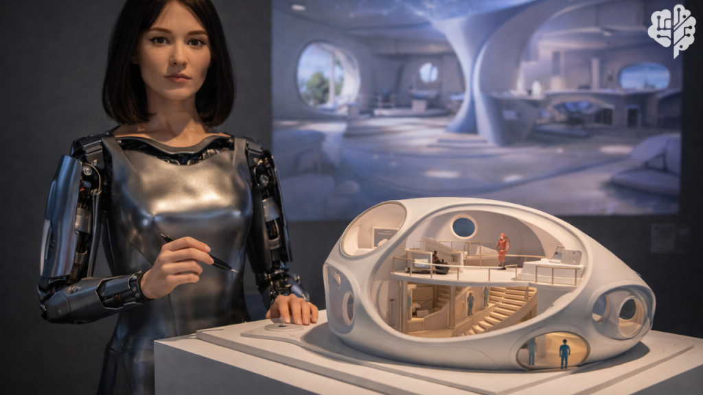الروبوت البشري Ai-Da يعرض تصميماً معمارياً لمبنى مستقبلي باستخدام الذكاء الاصطناعي في الدنمارك