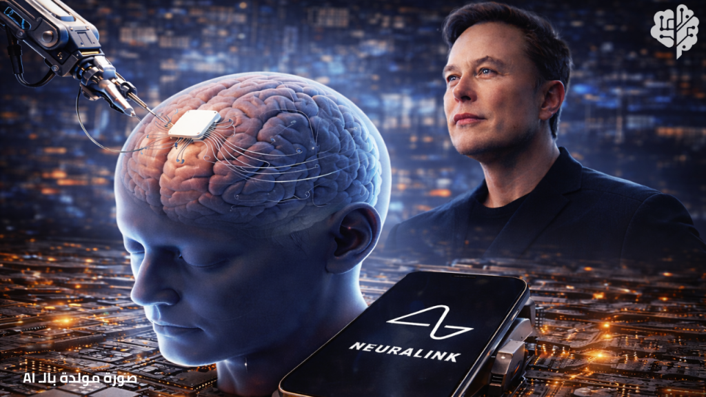هاتف يعرض شعار Neuralink فوق لوحة إلكترونية مع تصور لزرعة دماغية وواجهة دماغ وحاسوب وروبوت جراحي يوحي بالانتقال إلى الأتمتة والإنتاج الكثيف في 2026.