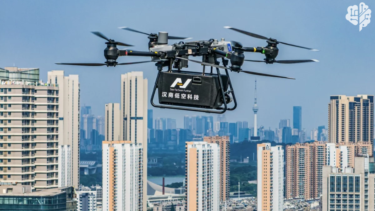 طائرة مسيرة مدنية تحلق فوق مدينة صينية مع خلفية مطار ومدرج طيران، في إشارة إلى دمج الدرونات ضمن قانون الطيران المدني الصيني.