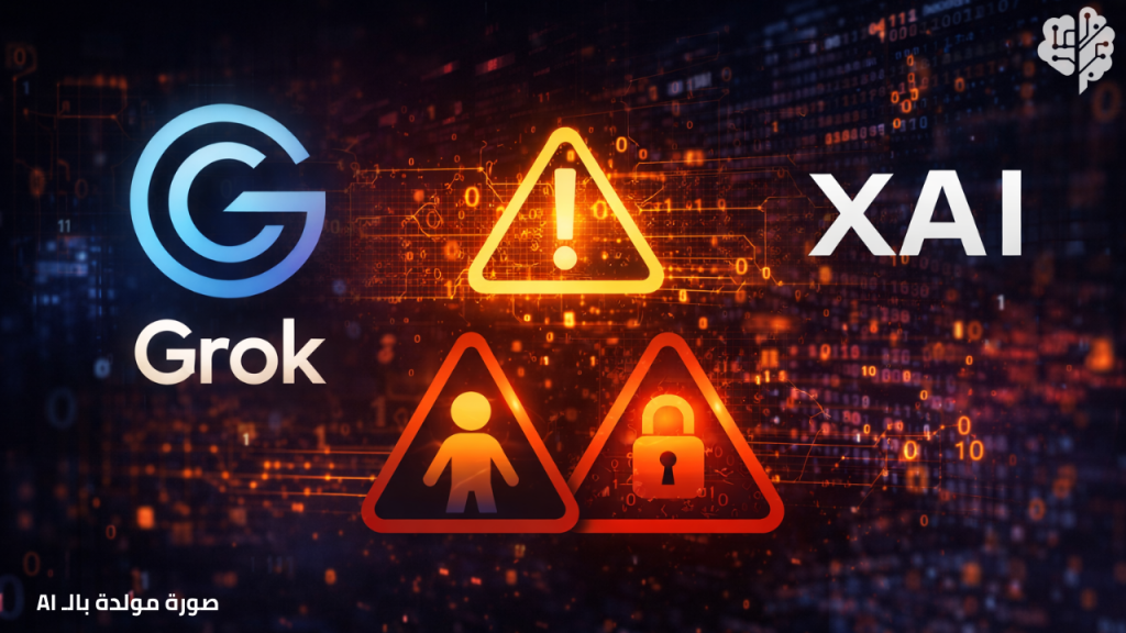 شعار Grok وxAI على خلفية مظلمة مع رموز تحذير رقمية تشير إلى ثغرات حماية ومخاطر محتوى الذكاء الاصطناعي على منصات التواصل.