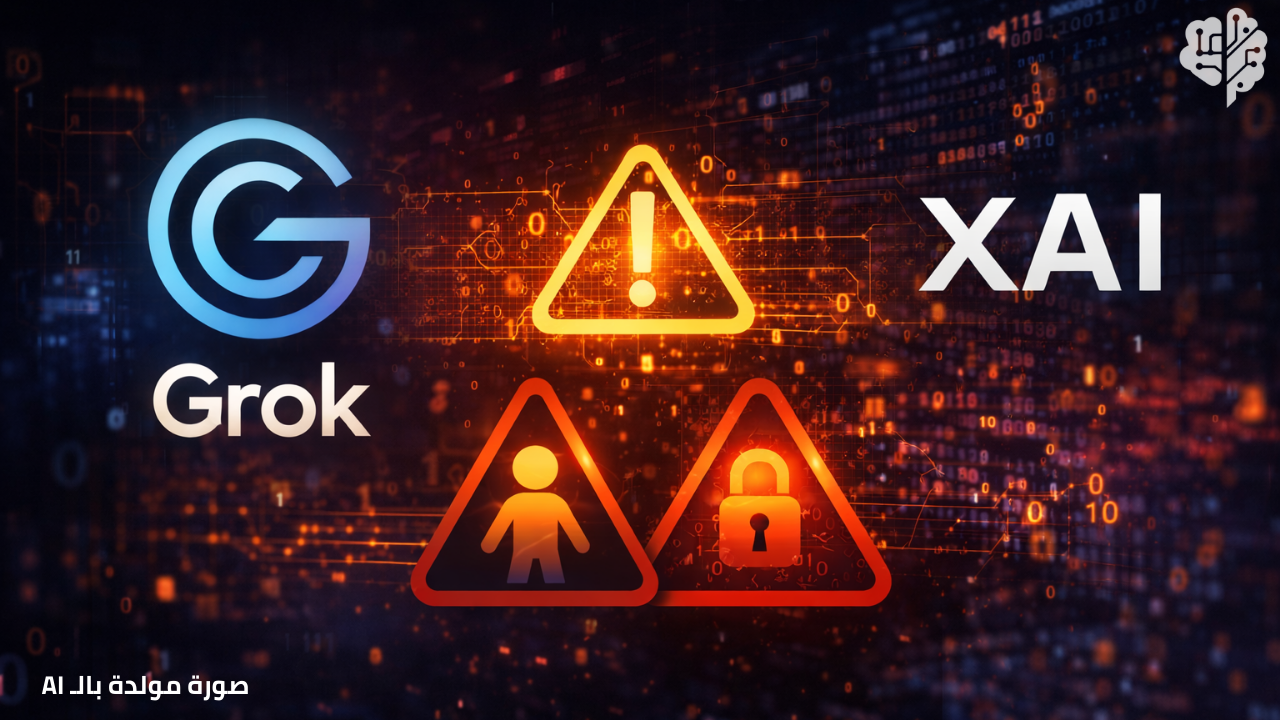 شعار Grok وxAI على خلفية مظلمة مع رموز تحذير رقمية تشير إلى ثغرات حماية ومخاطر محتوى الذكاء الاصطناعي على منصات التواصل.