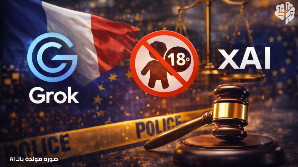 Grok وxAI مع خلفية رمزية لفرنسا ومحكمة، في إشارة إلى تحقيق قانوني حول محتوى ذكاء اصطناعي على منصة X.