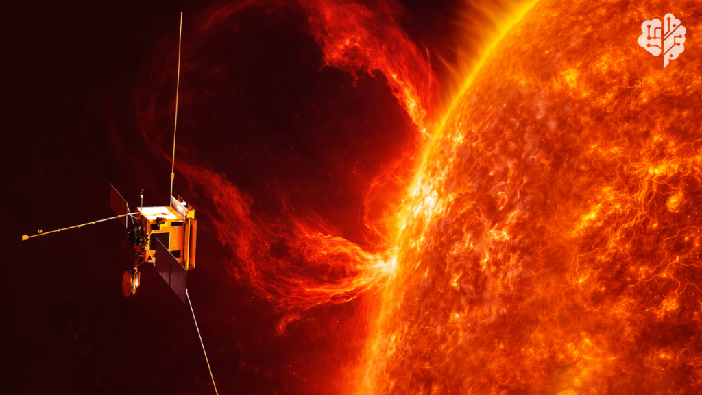 تصور فني لمسبار Solar Orbiter أثناء مراقبة الشمس مع انبعاثات شمسية قوية وبنية مغناطيسية معقدة.
