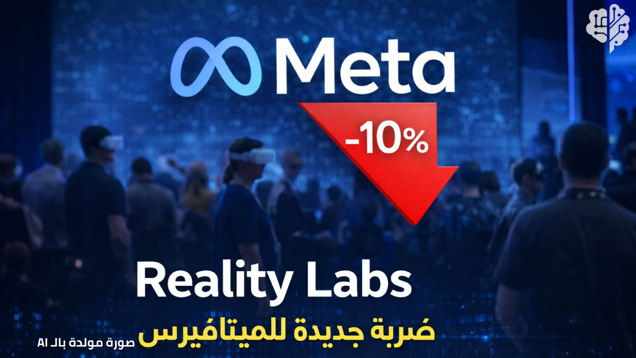 شعار شركة ميتا يظهر أمام خلفية مؤتمر تقني، في إشارة إلى خطط خفض موظفين في وحدة Reality Labs المتخصصة بالميتافيرس.