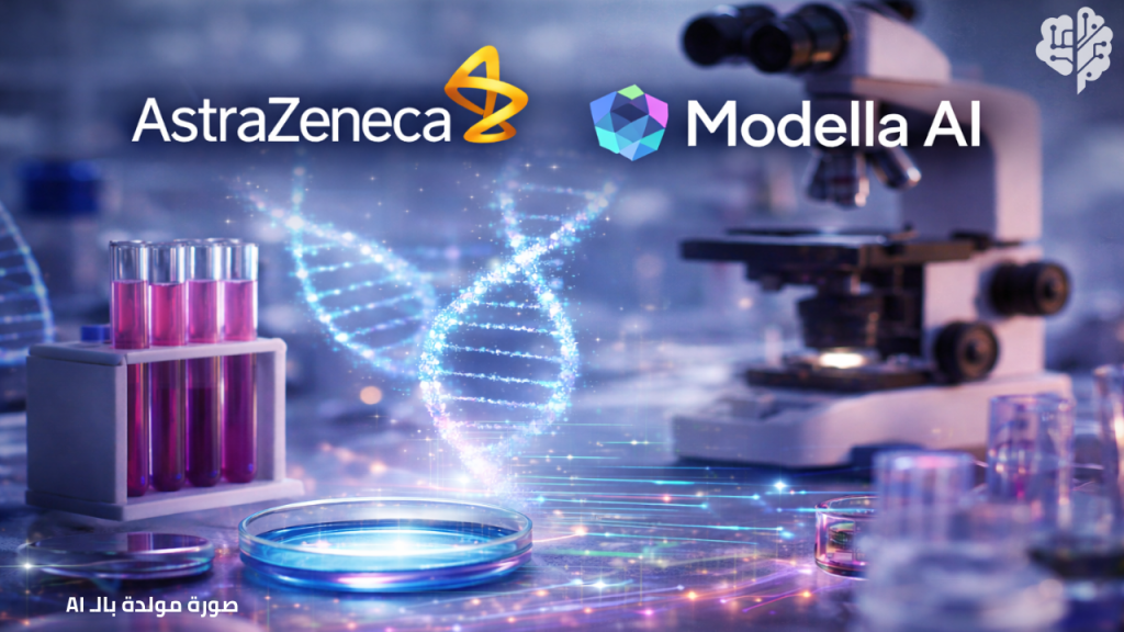 شعار أسترازينيكا يظهر خلف أدوات مخبرية، في إشارة إلى الاستحواذ على شركة Modella AI لتسريع أبحاث أدوية السرطان.