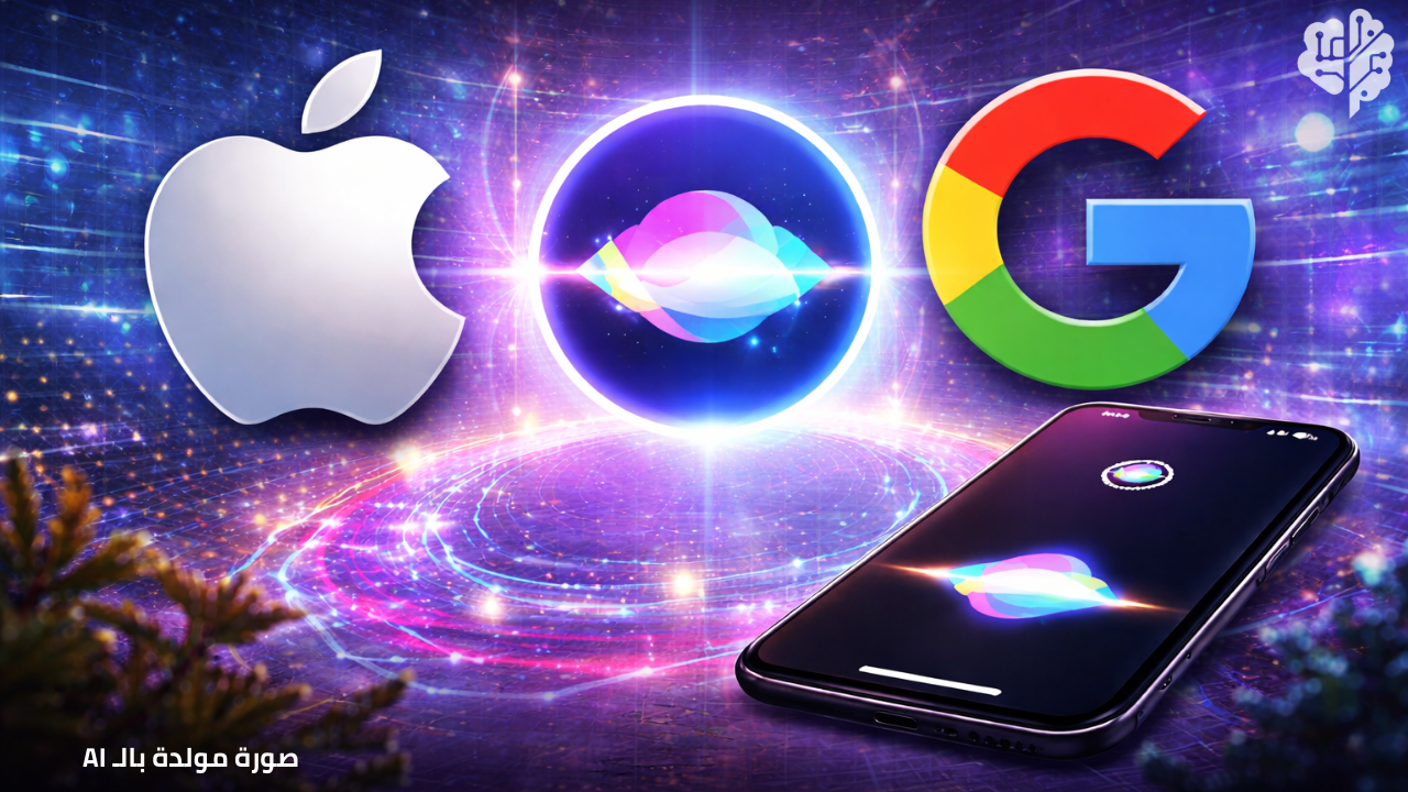 هاتف آيفون يعرض واجهة Siri إلى جانب شعار Gemini، في إشارة إلى الشراكة بين آبل وغوغل في الذكاء الاصطناعي.