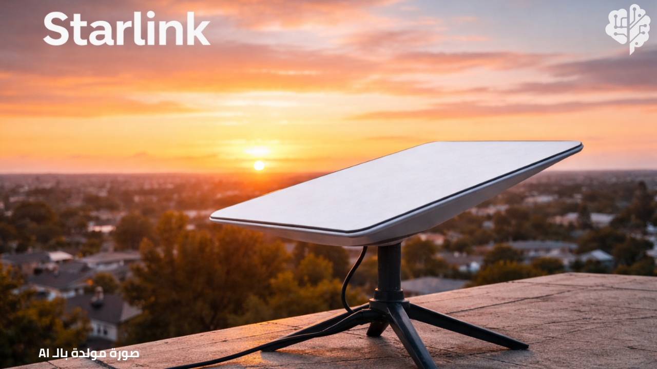 هوائي ستارلينك متصل بالإنترنت عبر الأقمار الصناعية في بيئة حضرية، يرمز إلى تجاوز حجب الإنترنت في إيران.